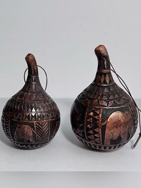 2 Vintage AFRICAN CARVED Calabash Gourds / ELEPHANTS & Rhinos / HANDMADE Tribal